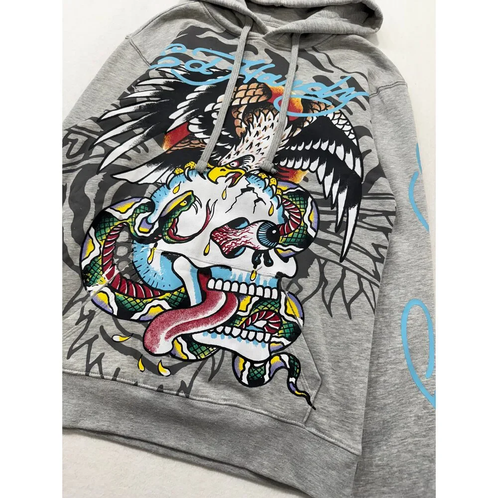 ED HARDY “Flying Skull” GREY PULLOVER HOODIE - Picture 5 of 8